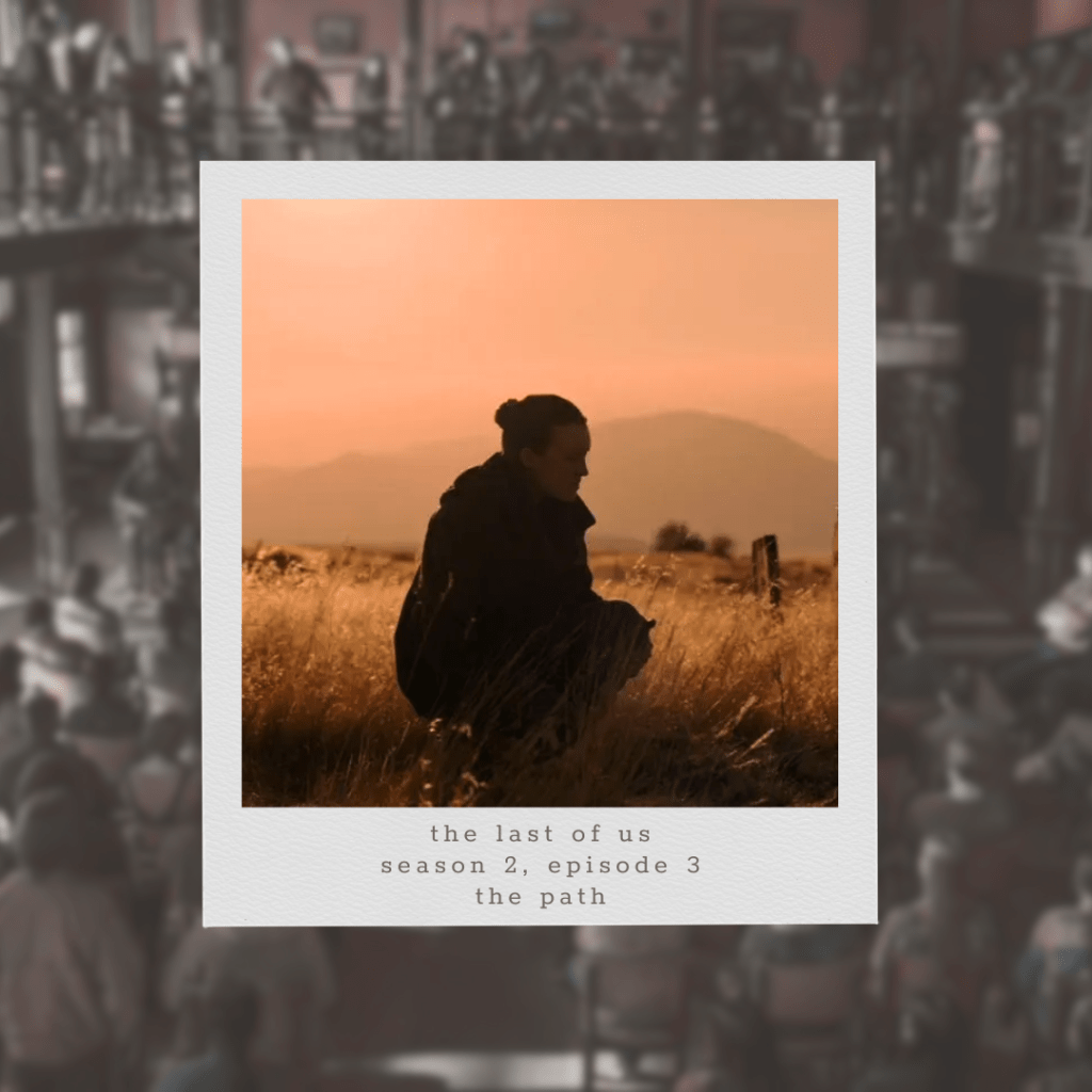 A scene from “The Last of Us” shows Ellie crouched in a golden field at sunset with distant mountains in the background. The image has a nostalgic Polaroid-style frame. Text beneath the image reads: “the last of us, season 2, episode 3, the path.”